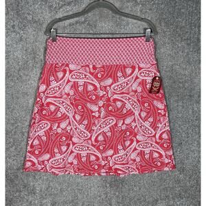 Faded Glory Flare Midi Skirt Womens Size LG Red Paisley Floral‎ Pull On Stretch
